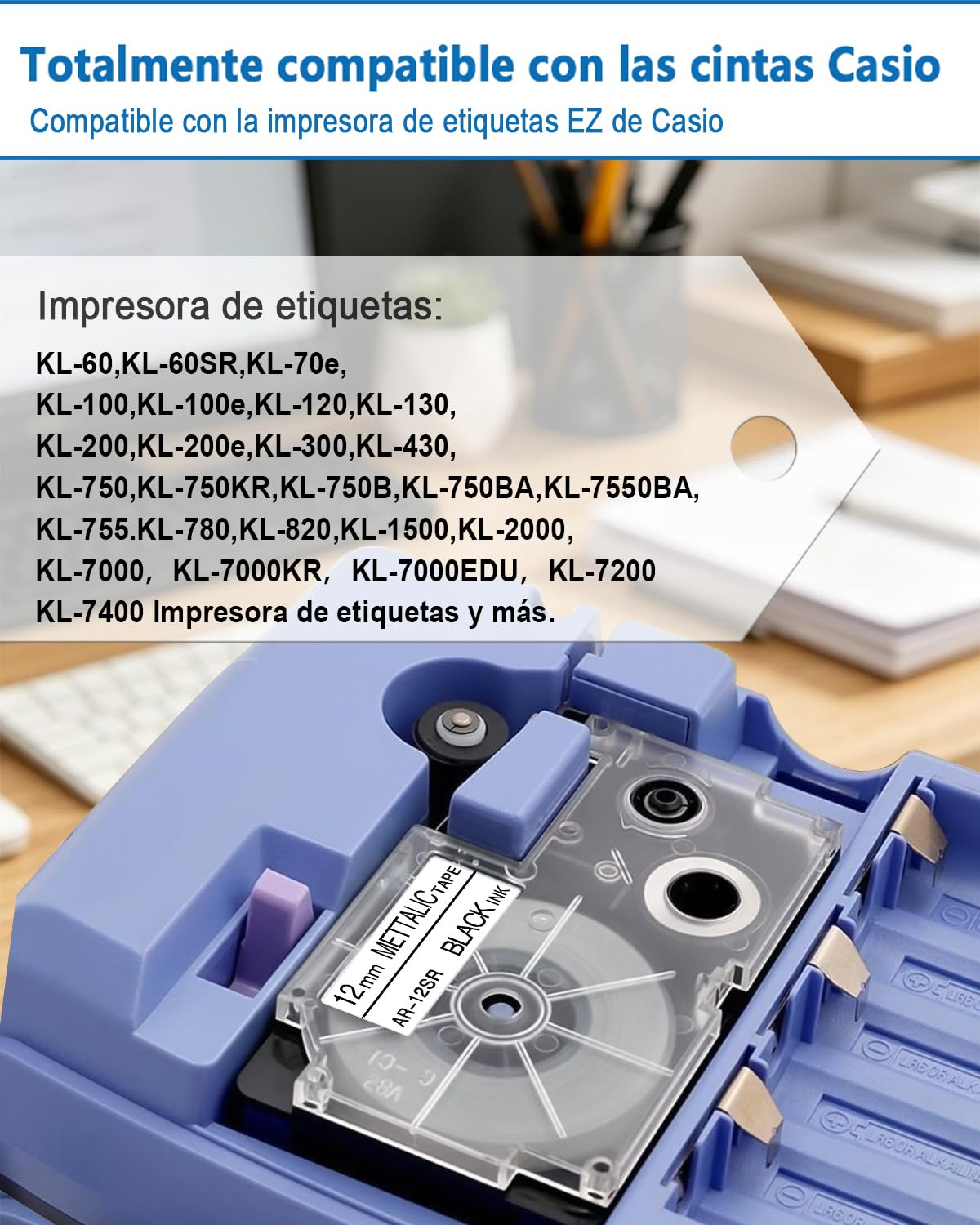 Paquete 20 Cinta Compatible Casio XR-12SR Negro sobre Plata 12 mm