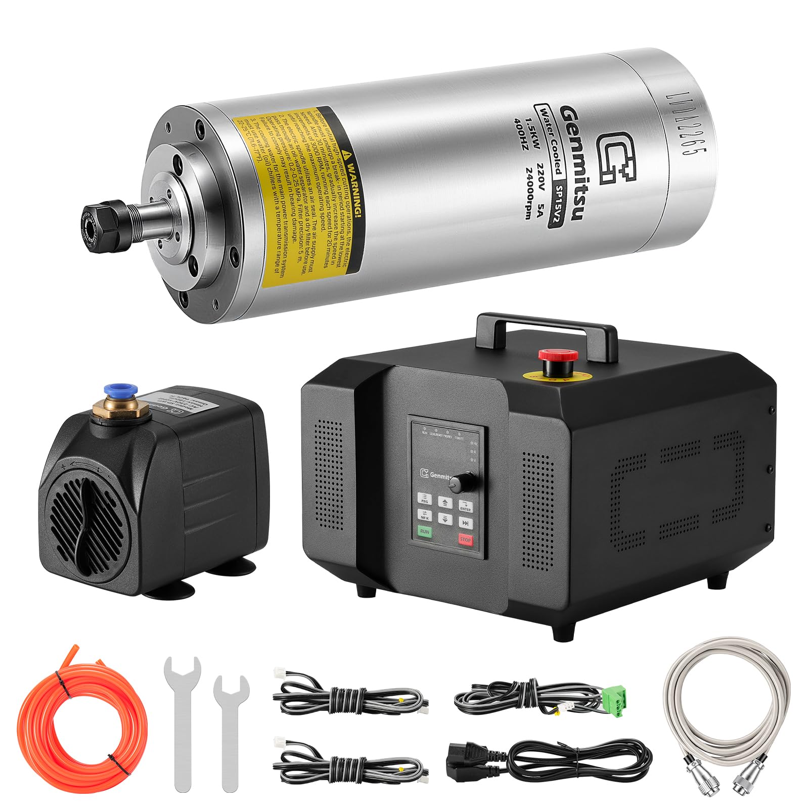 Photo 1 of Genmitsu CNC Spindle Motor Kit, 1.5KW, Water Cooled Spindle Motor, 24000 RPM ER11 Collet with Pre-Wired VFD Inverter Box & Pump - 4 Bearing Precision Motor for CNC Router Machine Engraving
