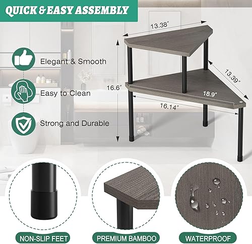 Vista 16 de Weenson Organizador de baño, estante esquinero para encimera, 2 niveles, organizador de especias de bambú, organizador de encimera de cocina