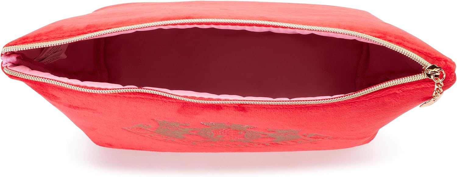 Juicy Couture Red Makeup Bag Cosmetics Organizer Travel Essentials Zip Top Wedge Velour Rhinestones Gold Terrier Dogs