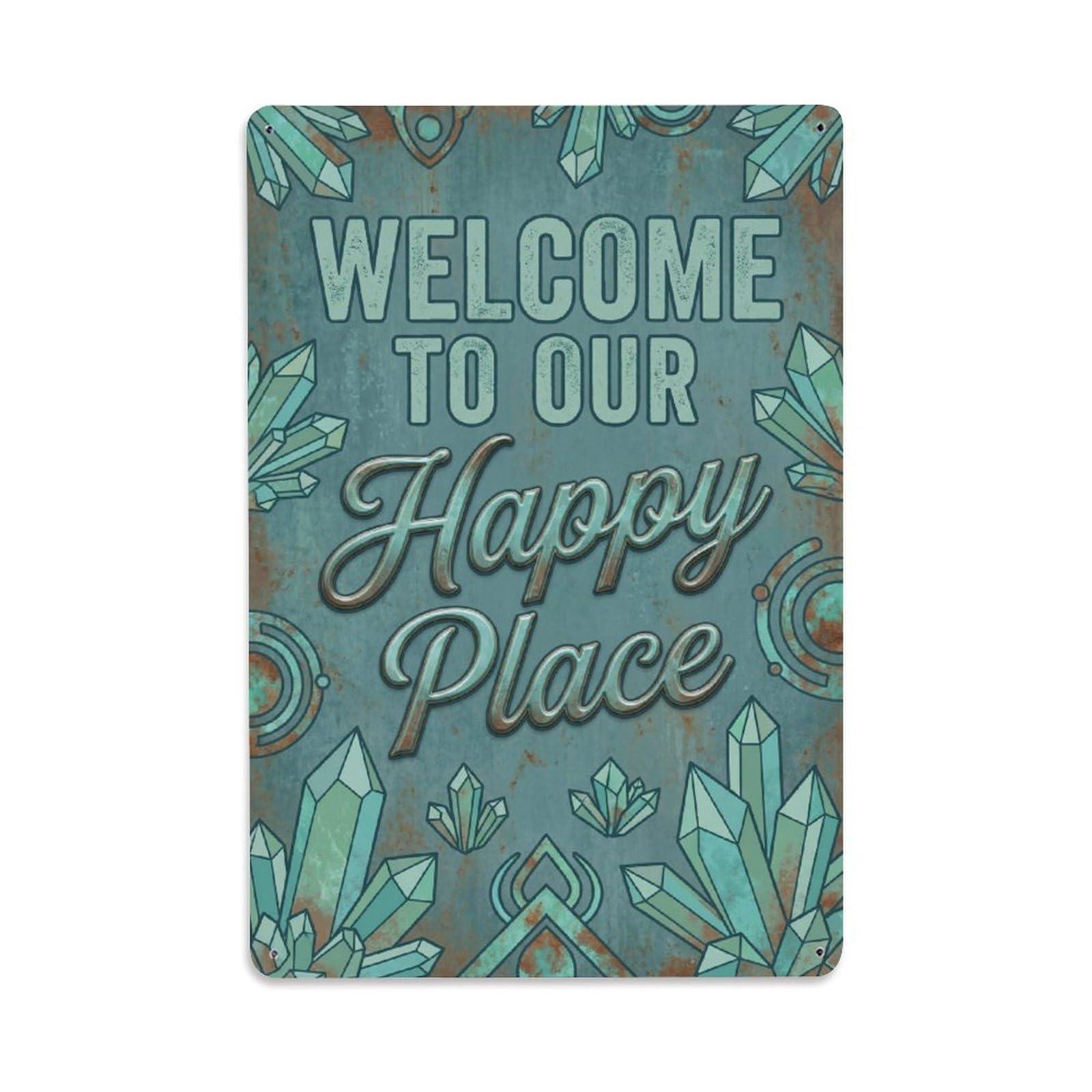 Okngb Style Spokeshave Tool Welcome Happy Place Garden Gate Leaf Metal Tin Sign Plaque Wall Decor For Cafe, Man Cave, Club Bar, Office, Home Garden Round Metal Poster 8X12inch