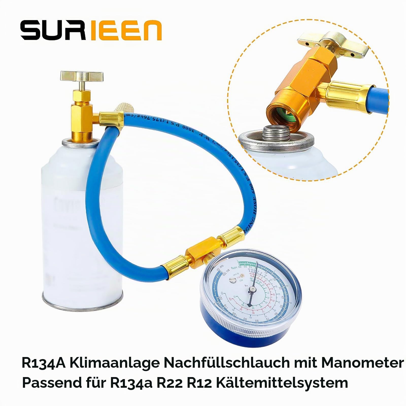 R134A AC Kältemittel Ladeschlauch Ventil Set | Manometer und BPV31 Bullet Piercing Tap Ventil-Set, 1/4 Zoll SAE Schlauch für R12 R22 Port, für Klimaanlage Kältemittelanlage
