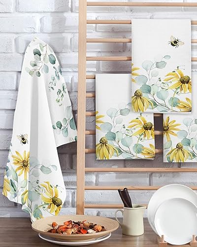Miniatura 2 de Kitchen Towel 2 Packs Cotton Waffle Weave, Floral Leaves Bee Farmhouse 16 x 24 Inch Absorbent Quick Drying Dish Towels Clothes for Kitchen Living