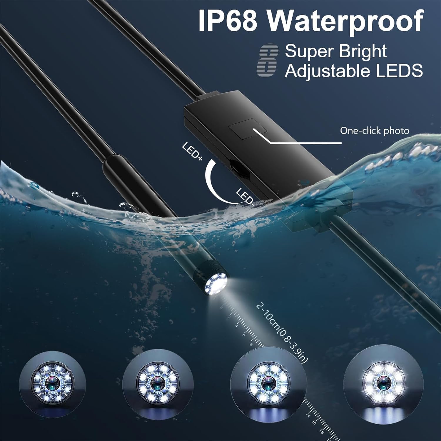 Endoscope camera in water demonstrating IP68 waterproof rating and adjustable LED lights