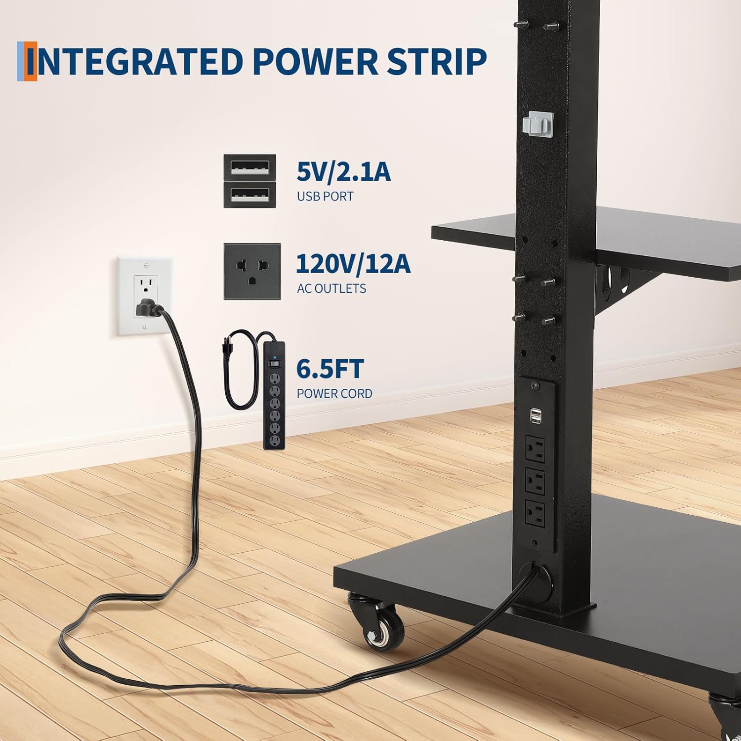 Rolling TV Stand with Power Outlets, Swivel Portable TV Stand for 32-75 in LCD LED OLED Flat/Curved Panel Screen TVs, Height Adjustable&Wood Base, Mobile TV Cart with Shelf, Up to 120 LBS, Black