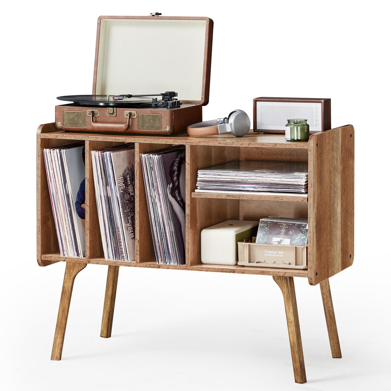 Lerliuo Record Player Stand with 4 Cabinet Holds Up to 220 Albums,Oak