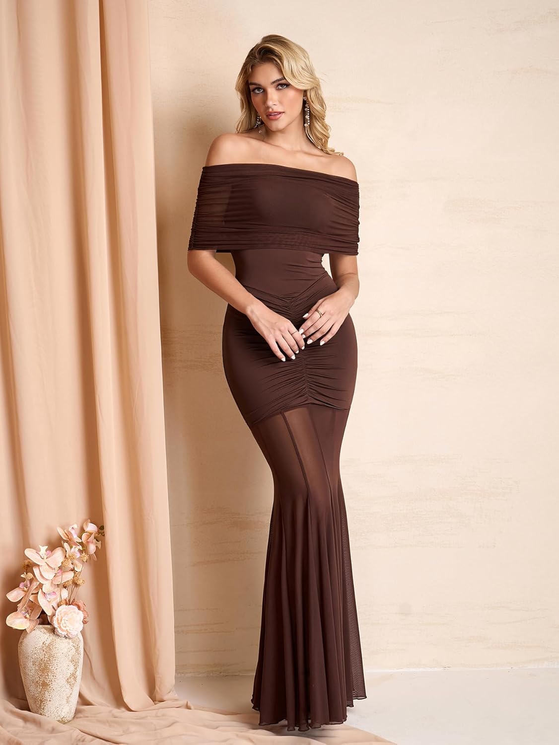 HTZMO Women Sexy Off Shoulder Bodycon Maxi Dress Strapless Ruched Wedding Guest Formal Party Long Dresses - Image 4