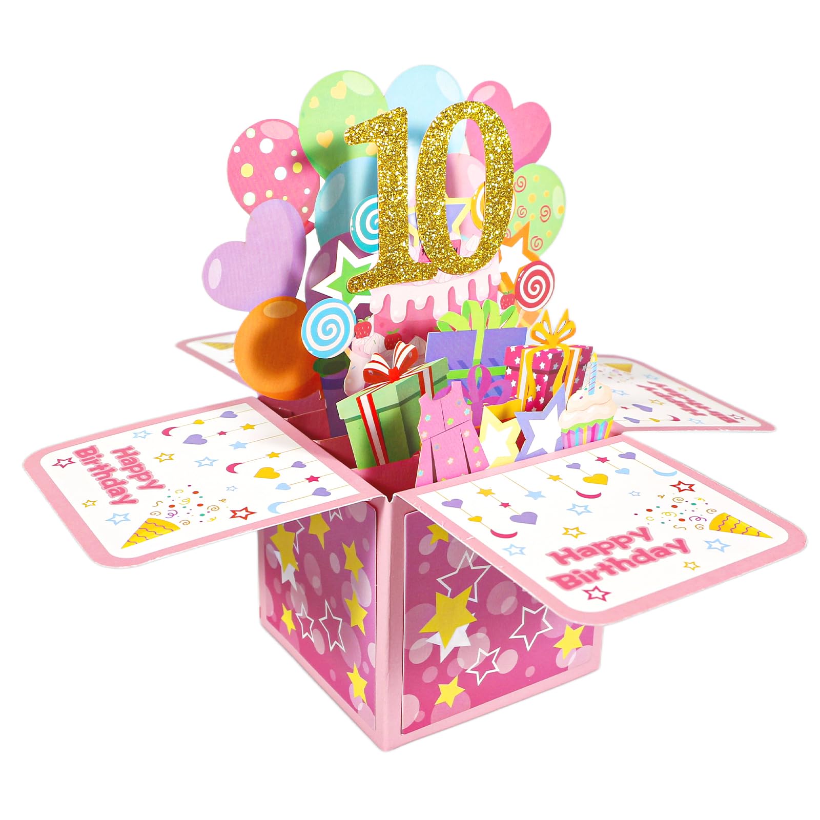 Geukmun 10th Birthday Card for Girls, 10th Birthday Gifts for Girls, Pink Pop Up Happy Birthdays Card with Envelope for 10 Year Old Girl, Granddaughter, Daughter, Party Decorations