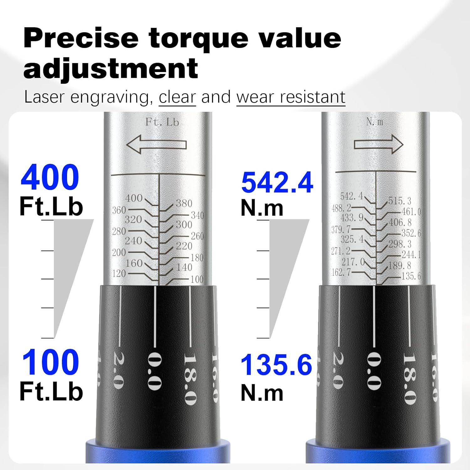 3/4'' inch drive 100-400 ft lb/136-542N.M Torque Wrench 29.1'' Length, Alloy Aluminum Body & Cr-Mo Material Head