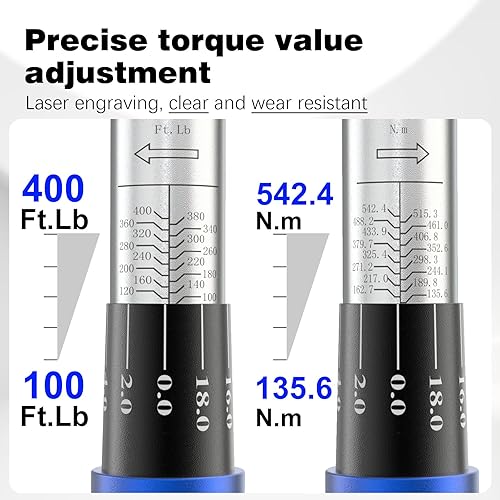 Miniatura 2 de Llave dinamométrica de accionamiento de 34 pulgadas 100-400 pies-libra136-542N.M de 29.1 pulgadas de longitud, cuerpo de aleación de aluminio y