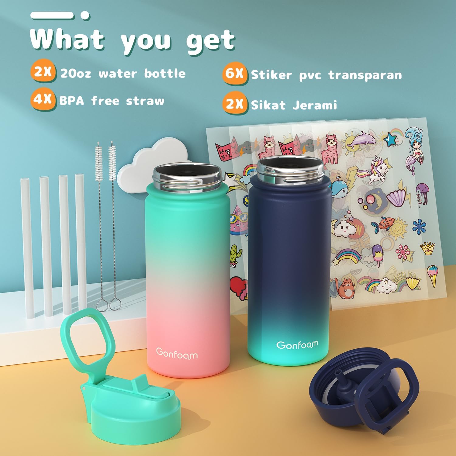 Kids Water Bottle, 2-Pack 16oz Water Bottles with Stickers and Straw, Stainless Steel Vacuum Insulated cup, Kids Water Bottle for School, Gifts for Boys and Girls(Blue/Green) - Image 2