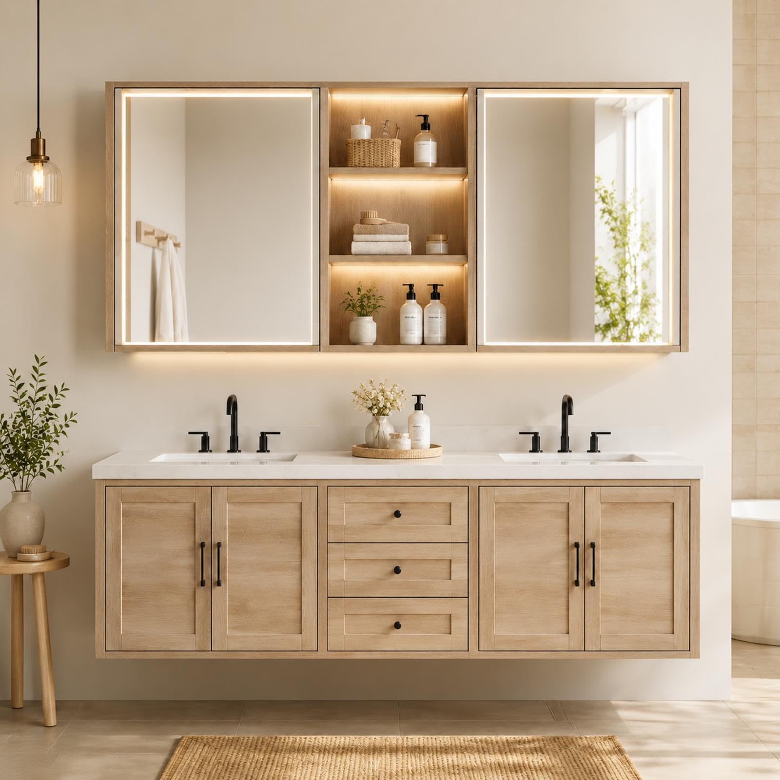 Mobile da bagno con doppio lavabo da 228,6 cm, design moderno a parete con specchio anti-appannamento intelligente | spazioso contenitore | legno massello | facile da installare senza bisogno di
