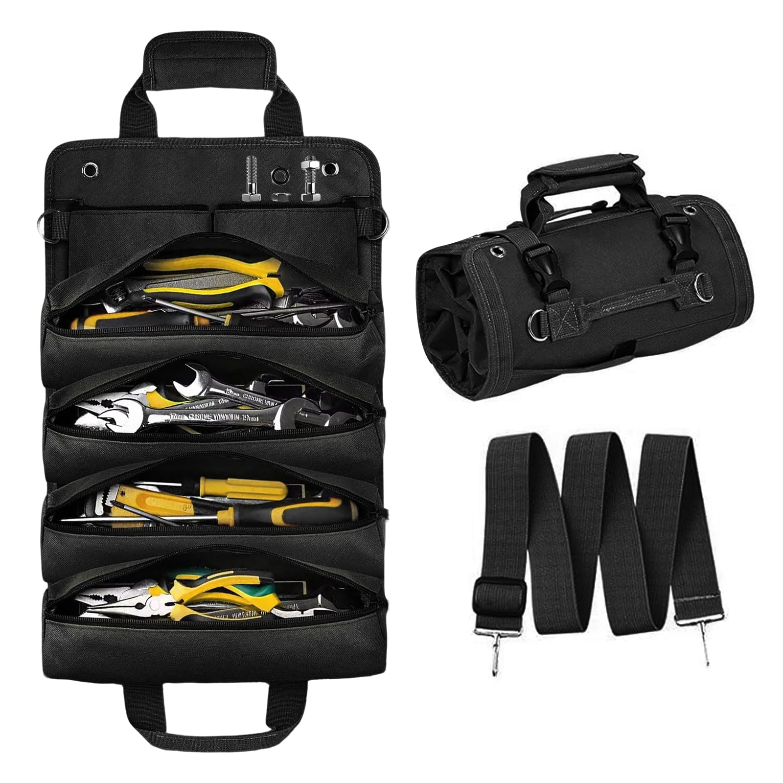 Tool Roll Bag for Men,Heavy Duty Tool Bags Organiser Muti-Purpose Wide Open Mouth Tool Storage Bag Crossbody Backpack for Dad,Electrician,Carpenter,Engineers (black)