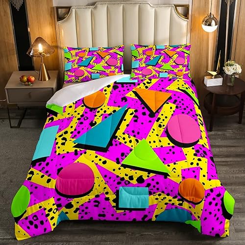 Juego de ropa de cama de los años 80 y 90, tamaño Queen, patrón geométrico en estilo retro, juego de edredón de Memphis de los años ochenta, diseño