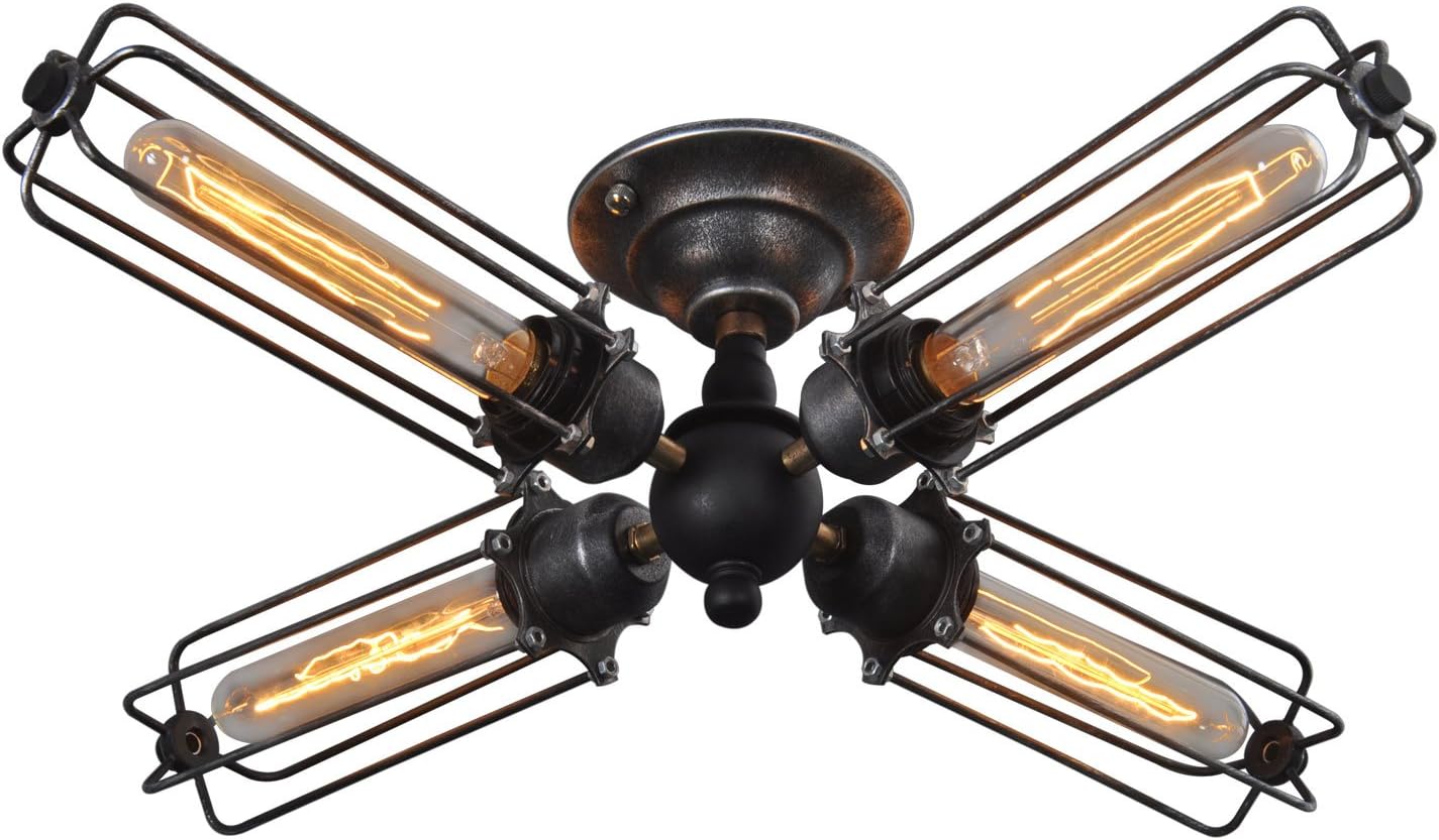 70022007 Industrial 4 Light Tubular Metal Cage Ceiling Light