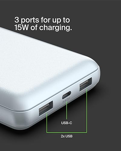 Miniatura 9 de Belkin Cargador portátil, Batería externa USB-C de 20.000 mAh con 2 puertos USB-A, 15W con cable de tipo A a tipo C para iPhone 17, Air, Samsung
