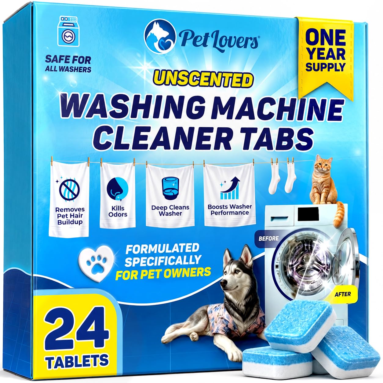 PetLovers Washing Machine Cleaner Tablets for Pet Owners - Enzyme Formula Dissolves Pet Hair Buildup & Odor, Deep Cleans HE Front & Top Load Washers, Unscented, 24 Pack (1 Year Supply)
