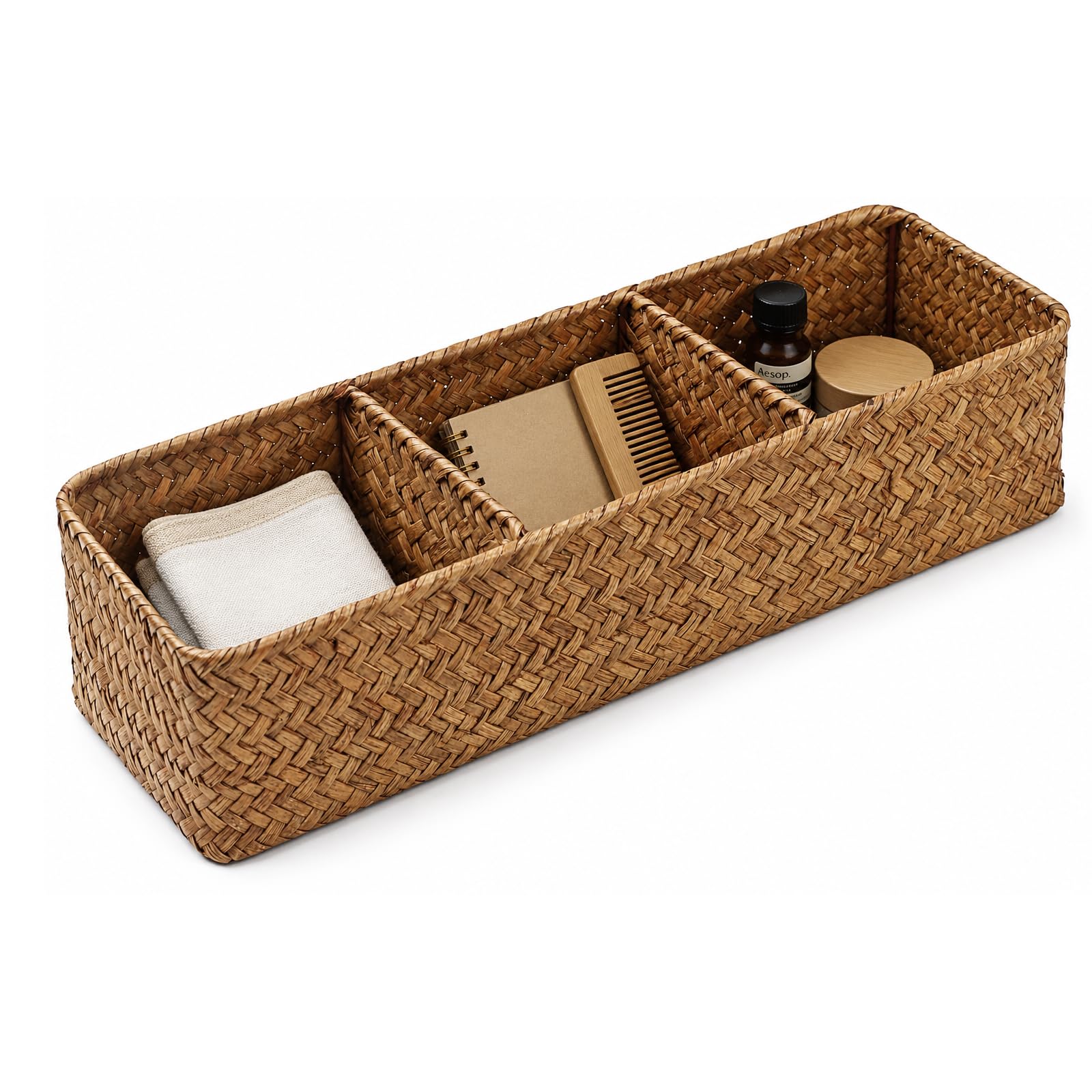 EVERGOODS 3 Compartment Seagrass Storage Basket, Woven Storage Basket Organiser Box with Dividers, Shelf Basket for Bathroom, Living Room & Home Organisation, Natural Handwoven Storage Box