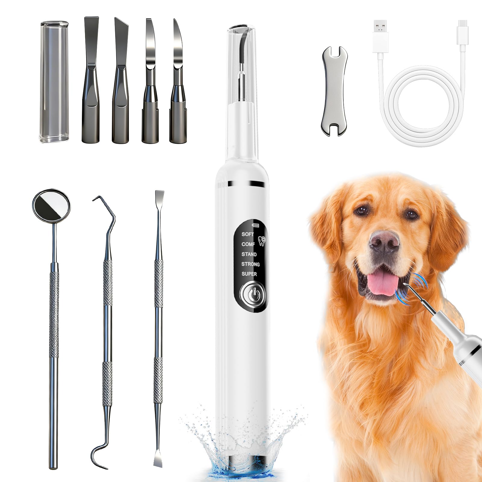 Kit de Limpiador Dental Ultrasónico para Perros y Gatos, Cepillo de Dientes Eléctrico Ultrasónico, 5 Modos de Limpieza y 4 Cabezales de Limpieza para Cuidado Dental para Mascotas