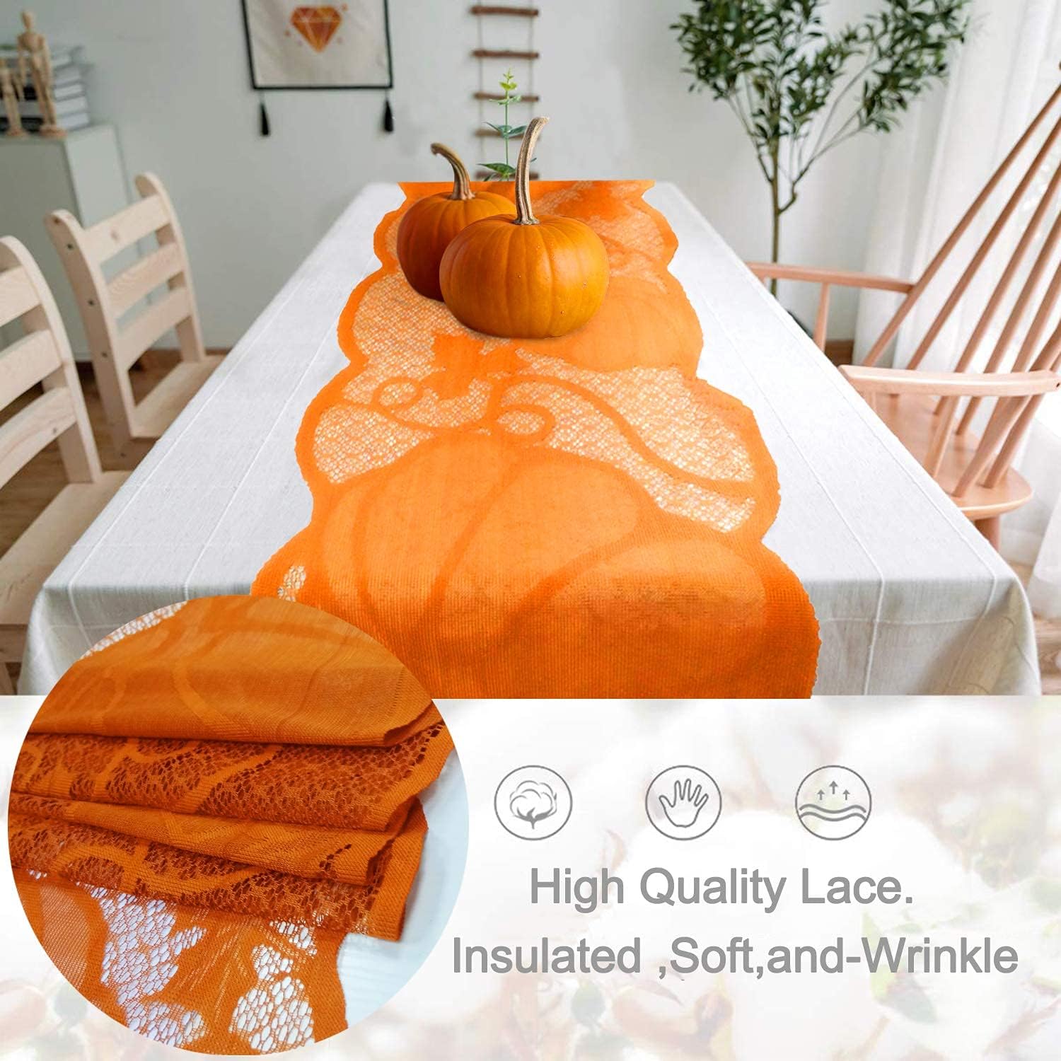 Fall Table Runner Decorations 13 x 72 Inch Maple Leaves Table Runner Fall Decor Harvest Lace Pumpkin Runner Brow Long Fall Table Line Fall Thanksgiving Autumn Dinner Home Decor (Orange)