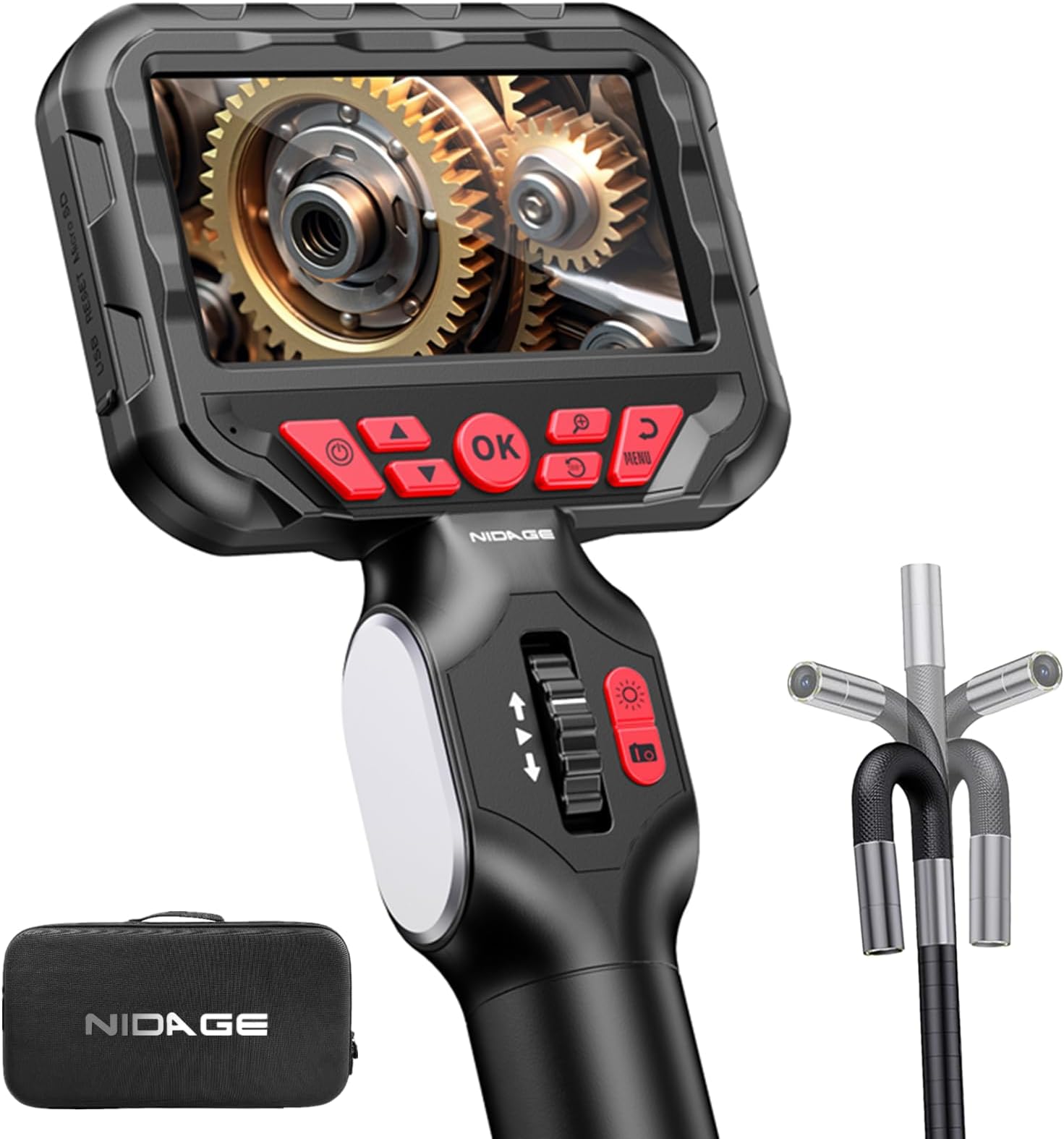 NIDAGE 2-Way Articulating Borescope 5.5mm Industrial Endoscope with Articulated Probe Flexible Video Inspection Camera with Light, Snake Scope Cam for Automotive Aircraft Mechanics, 4.3FT