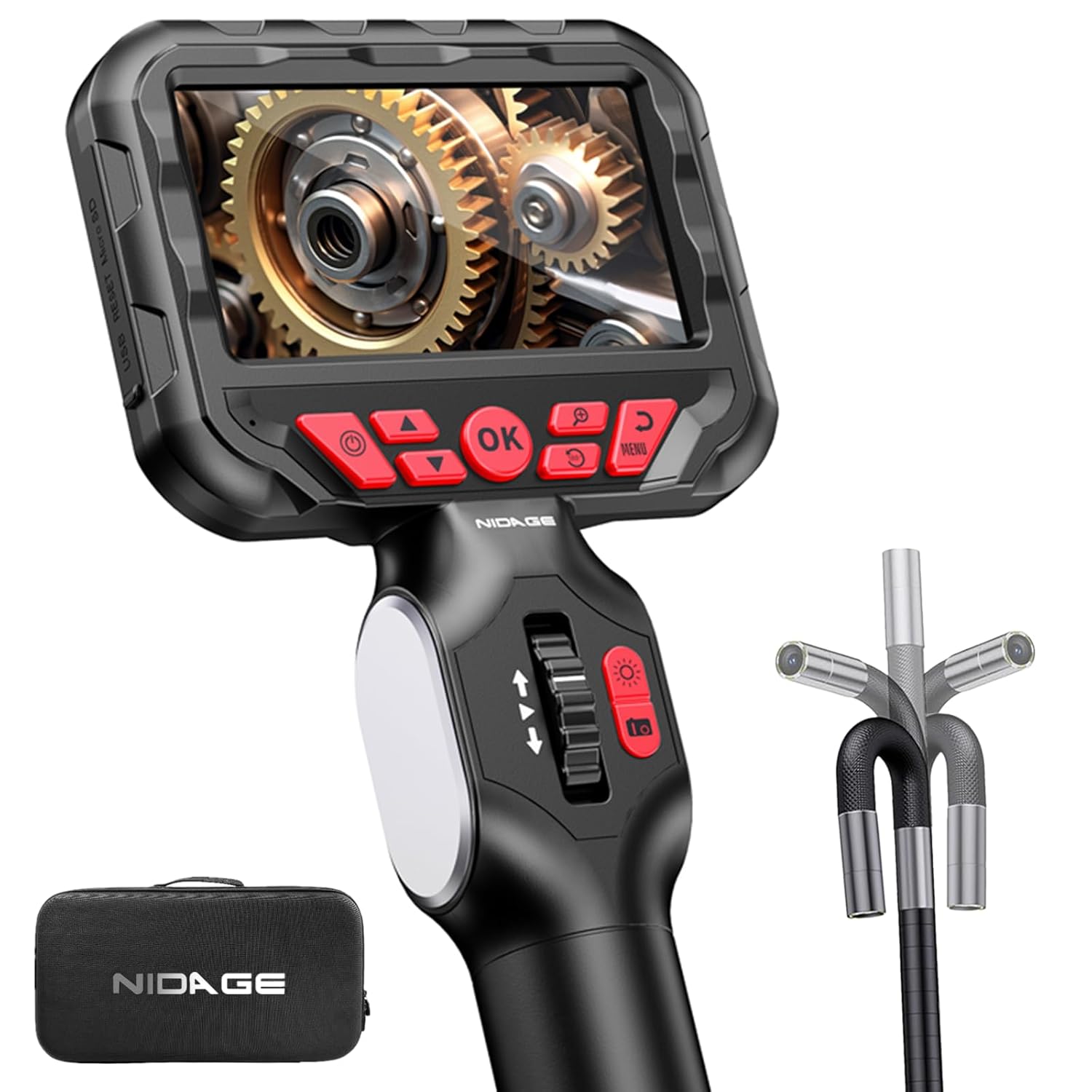 NIDAGE 2-Way Articulating Borescope 5.5mm Industrial Endoscope with Articulated Probe Flexible Video Inspection Camera with Light, Snake Scope Cam for Automotive Aircraft Mechanics, 4.3FT