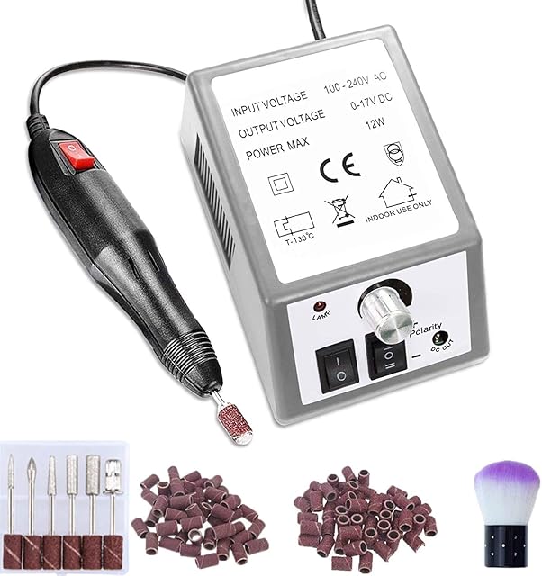 Electric Nail Drill File,Eendoos Electric Manicure Kit Acrylic Nail Remover Machine Pedicure Nail Polishing Tools Kit for Home Salon Use 20000RPM 100pcs Sand Rings+1Brush (grey)