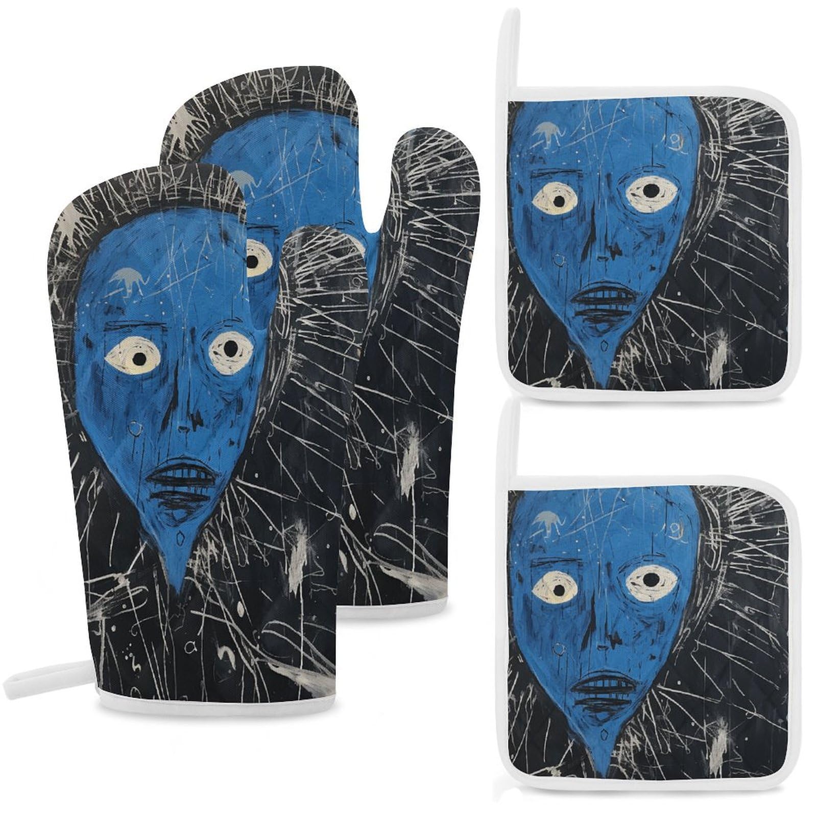 Gants de cuisine thermorésistants coton maniques four barbecue lot 4 pièces noir bleu