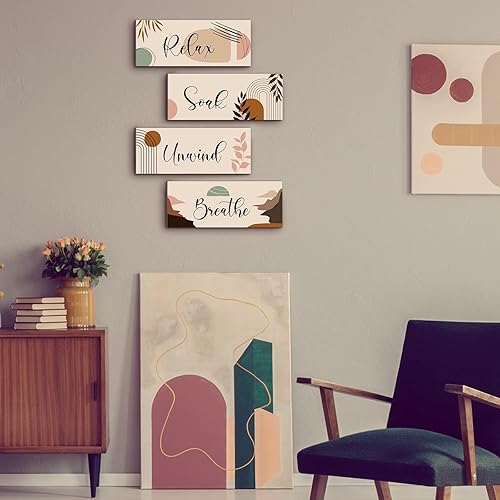 Miniatura 4 de 4 piezas de decoración bohemia de baño Relax Soak Unwind Breathe Letrero de arte de pared de baño, pinturas rústicas de madera para el baño o el