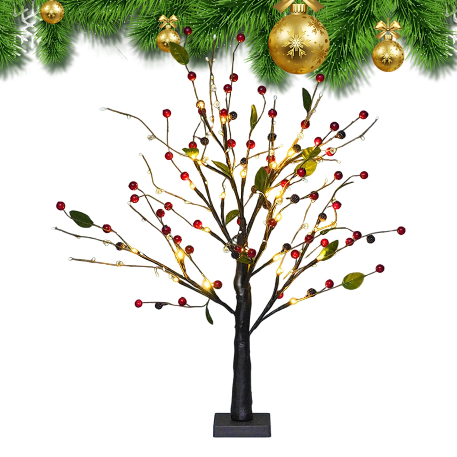 Árbol de flores de bayas rojas de 55 cm, guirnalda LED decorativa para mesas de centro de salón