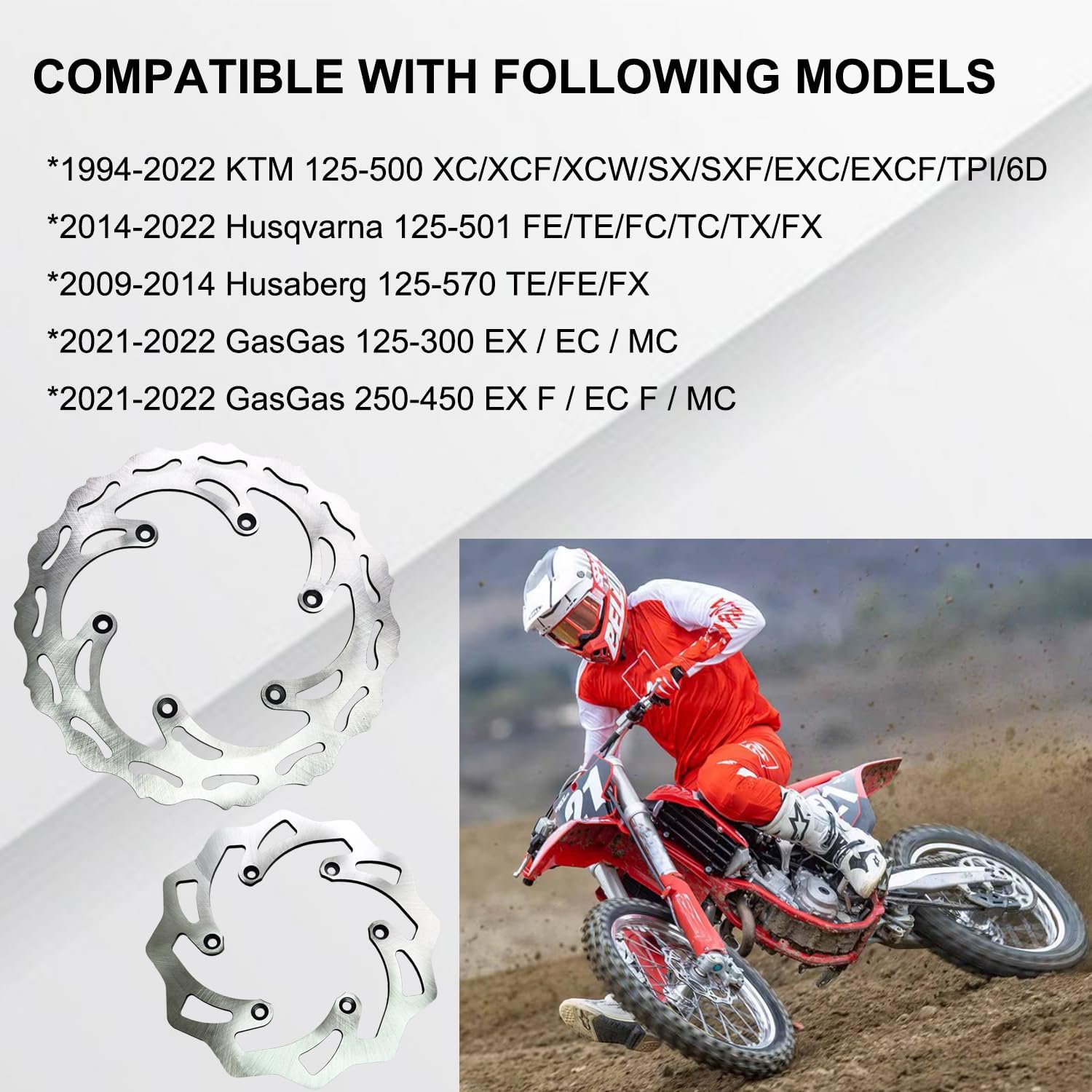 Front & Rear Brake Disc Rotors Compatible with KTM 125 250 350 450 500 Husqvarna 125-501 FE TE FC Husaberg 125-570 TE GasGas 125-450 Motorcycle 10.2" 8.6" Brake Disc Rotors