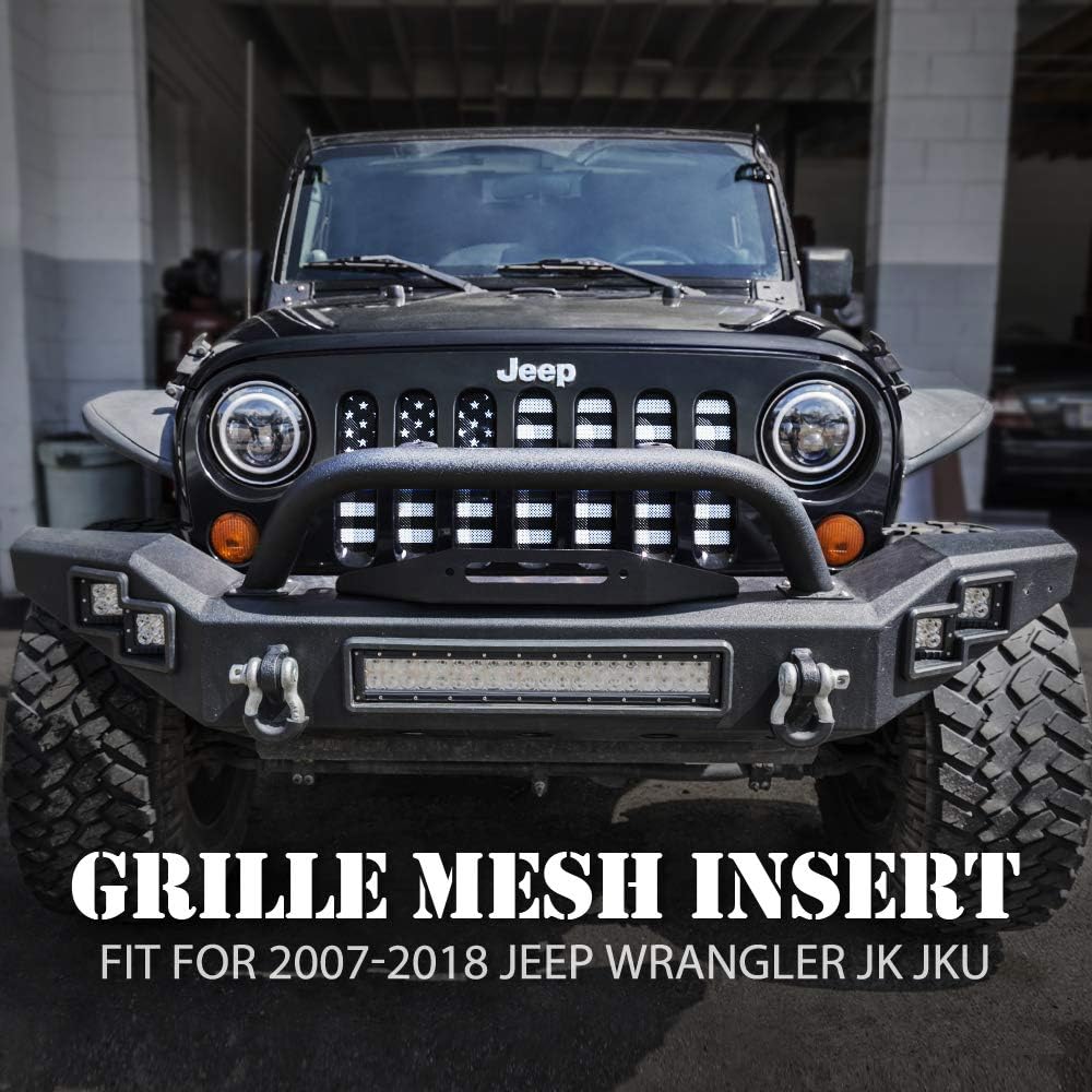 Xprite Aluminum Alloy Grill Insert Mesh with Black & White America U.S Flag Compatible with 2007-2018 Jeep Wrangler JK Stock Grille