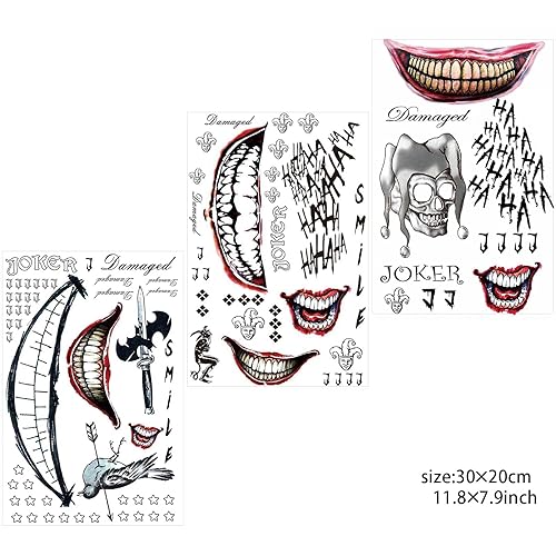Miniatura 2 de Zeecdatoo 5 hojas de tatuajes de broma de gran tamaño para escuadrón suicida, tatuajes de Harley Quinn perfectos para disfraces de Halloween y