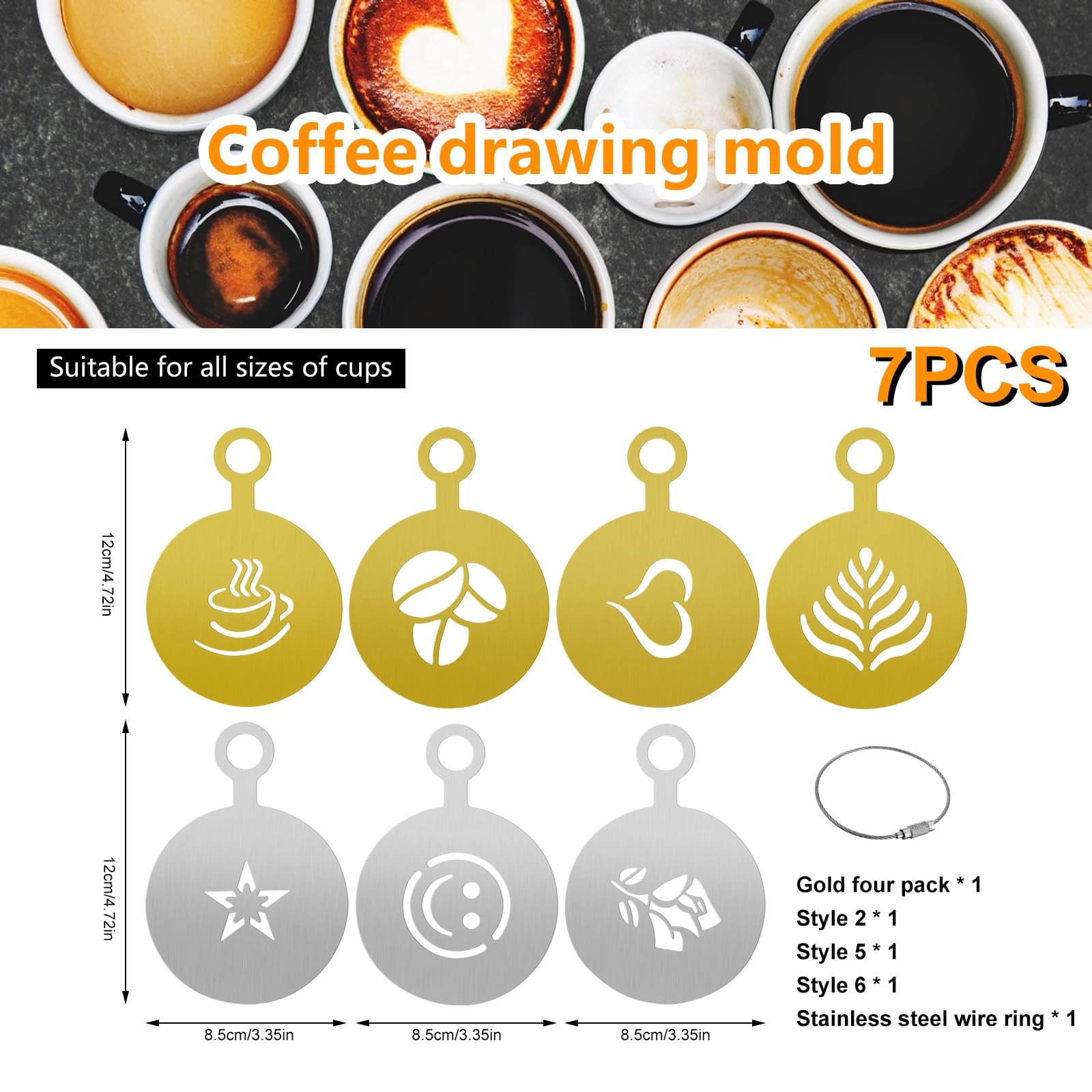 SDwfxd 7 Pochoirs Cappuccino En Acier Inoxydable – Motifs Variés + Anneau De Rangement Pour Latte Art, Gâteaux Et Chocolat Chaud