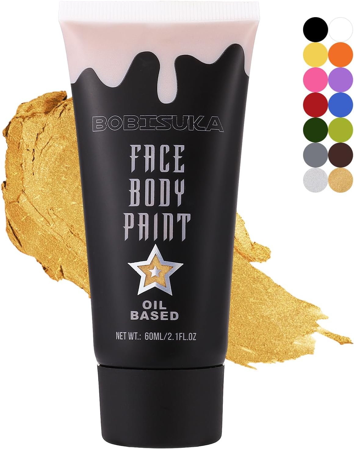 BOBISUKA Gold Face Body Paint, Metallic Oil-based Painting Kit, Cream Blendable Facepaint for Halloween Cosplay, Costume, Parties, Stage, Theater, SFX Special Effect Makeup（2.1 Fl.oz）