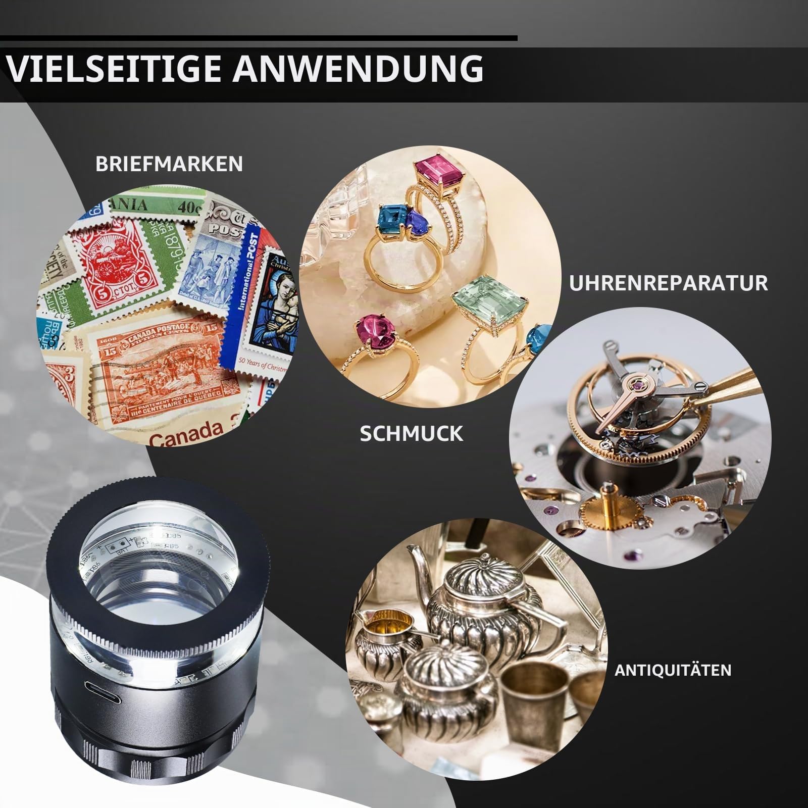 Juwelierlupe mit 10-facher Vergrößerung, mit 6 LED-Lichtern und 3 Glasskala, Schmucklupe, 25 mm Sichtfeld, beleuchtete Juwelierschlaufe für Edelsteine, Münzen, Briefmarken, Uhren