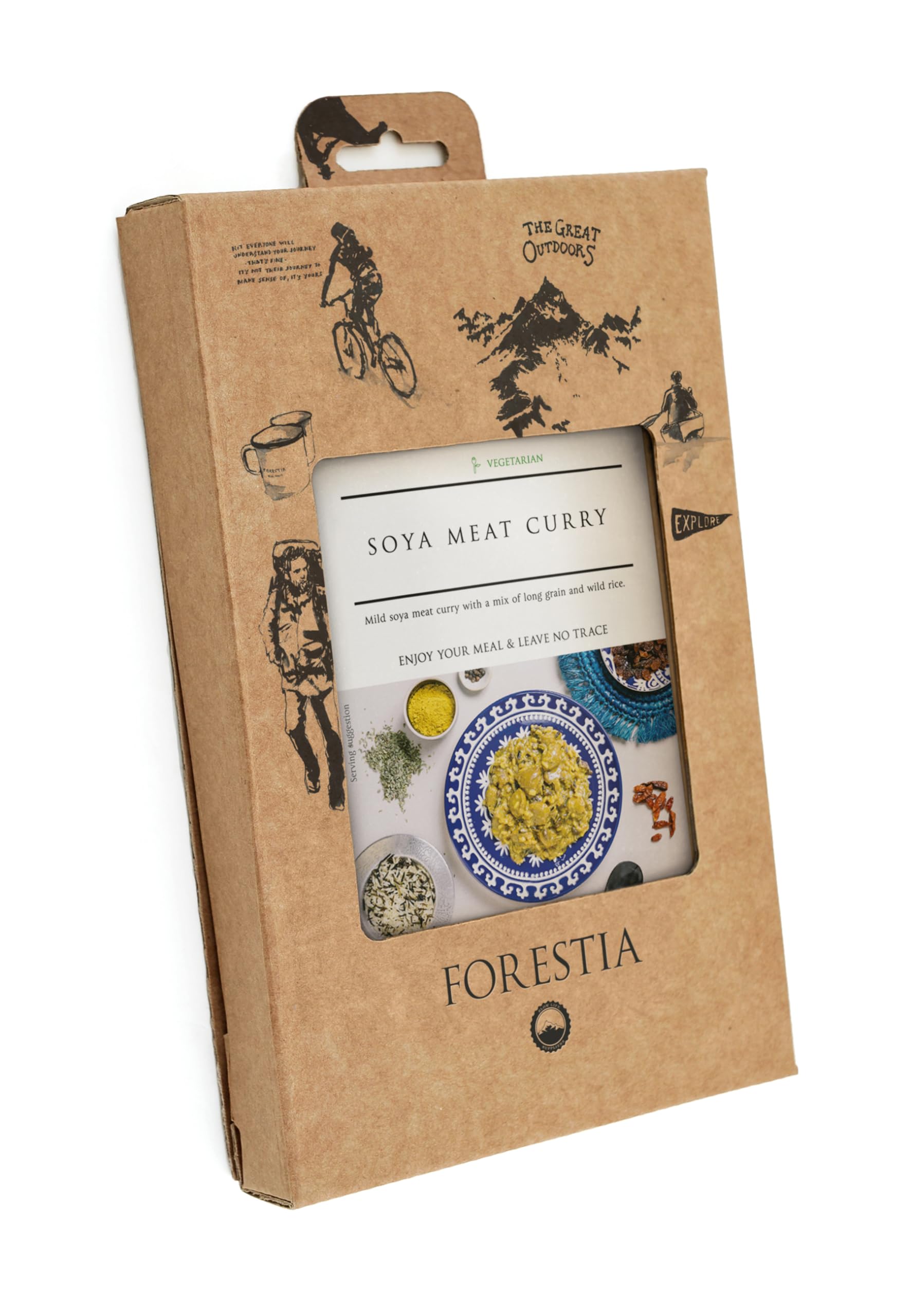 Forestia Curry mit Sojageschnetzeltem-SH mit Selbsterwärmenden Beutel leicht zubereitete Trekkingmahlzeit | Hauptgericht vegetarisch | lange haltbare Camping Notration