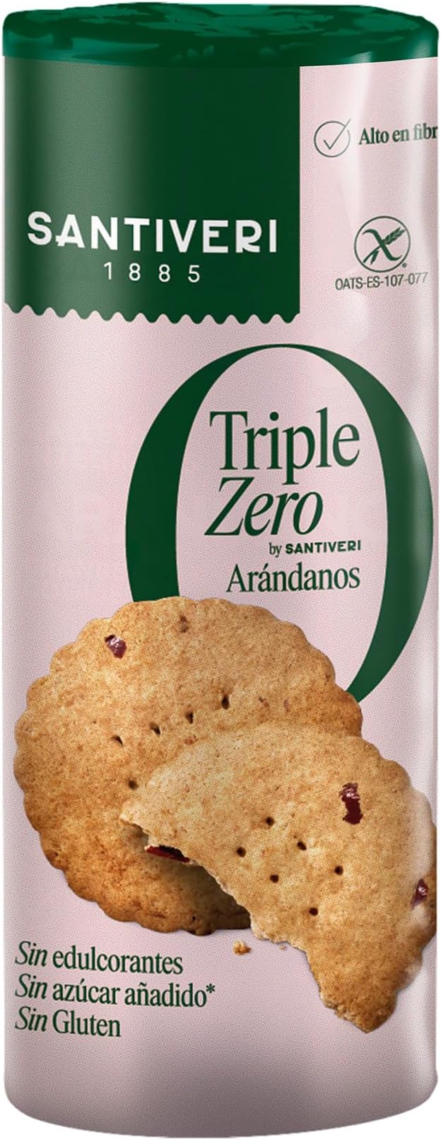SANTIVERI - Galletas Arándanos Triple Zero - Galletas Crujientes con Avena Integral y Arándanos Rojos, Altas en Fibra, Sin Edulcorantes, Sin Azúcar Añadido, Sin Gluten - Vegano - 205 g