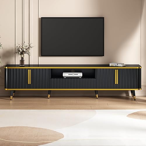 Miniatura 24 de Merax Moderno soporte de TV con patas de metal, asas doradas, líneas geométricas y estantes ajustables para televisores de hasta 80 pulgadas, mesa