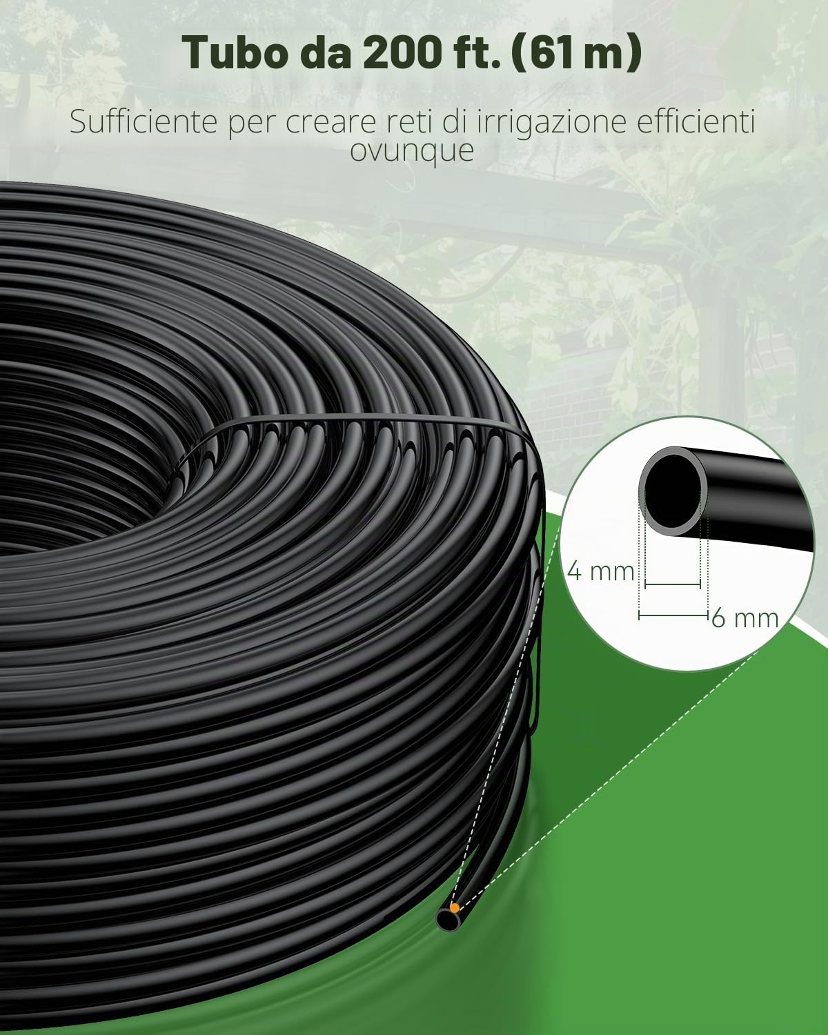 Pawfly 61M Tubazione per Irrigazione a Goccia, 4-6 mm Tubo di Distribuzione per Impianti, Linea in PE nero Micro, Rotolo per Giardino, Componente per Irrigazione