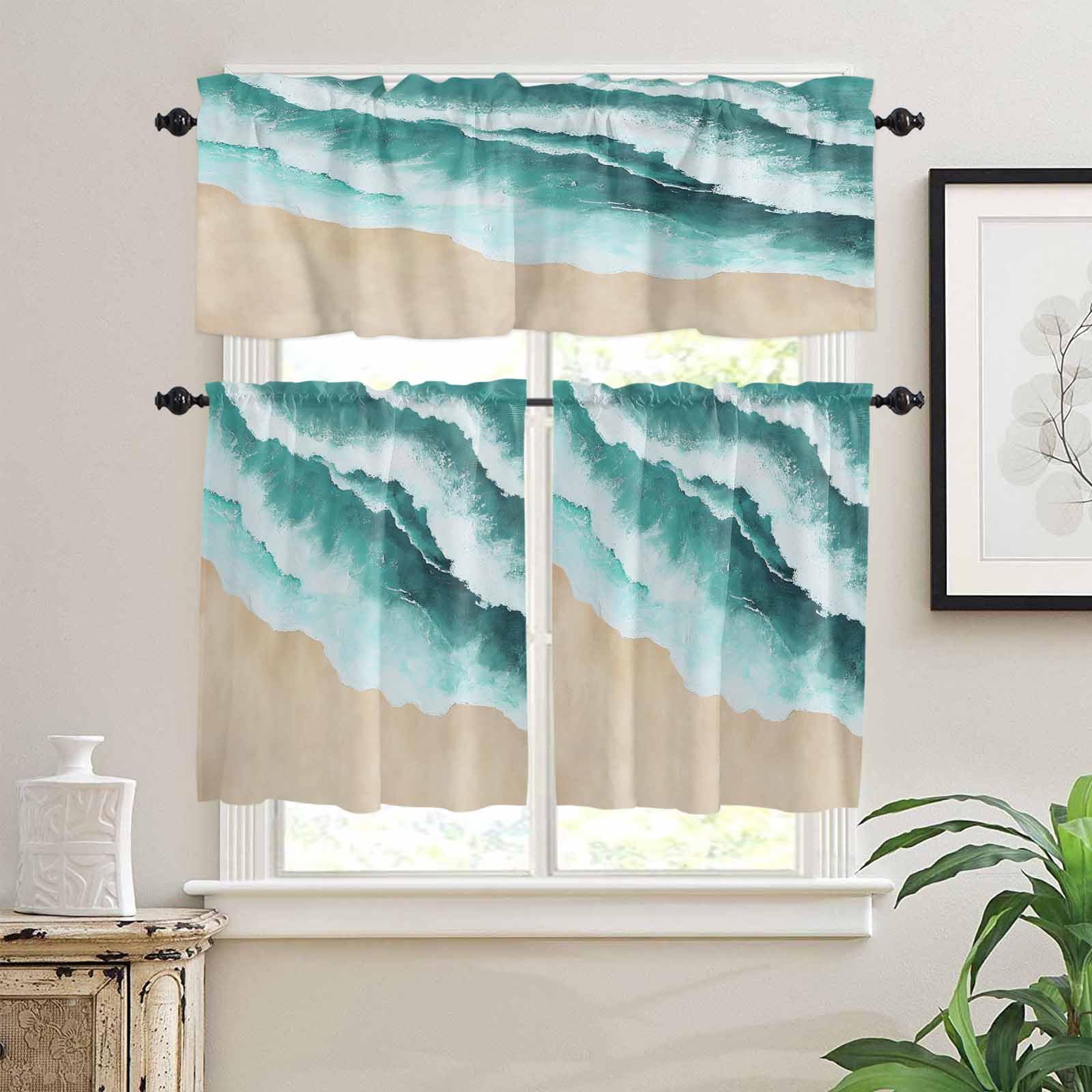 Teal Waves Coastal Kitchen Curtains 24 Inch Length, 3 Piece Rod Pocket Small Half Tiers and Valance Set, Summer Beach Nautical Ocean Sea Small Large Window Treatment Decor for Bedroom/Bathroom Sink