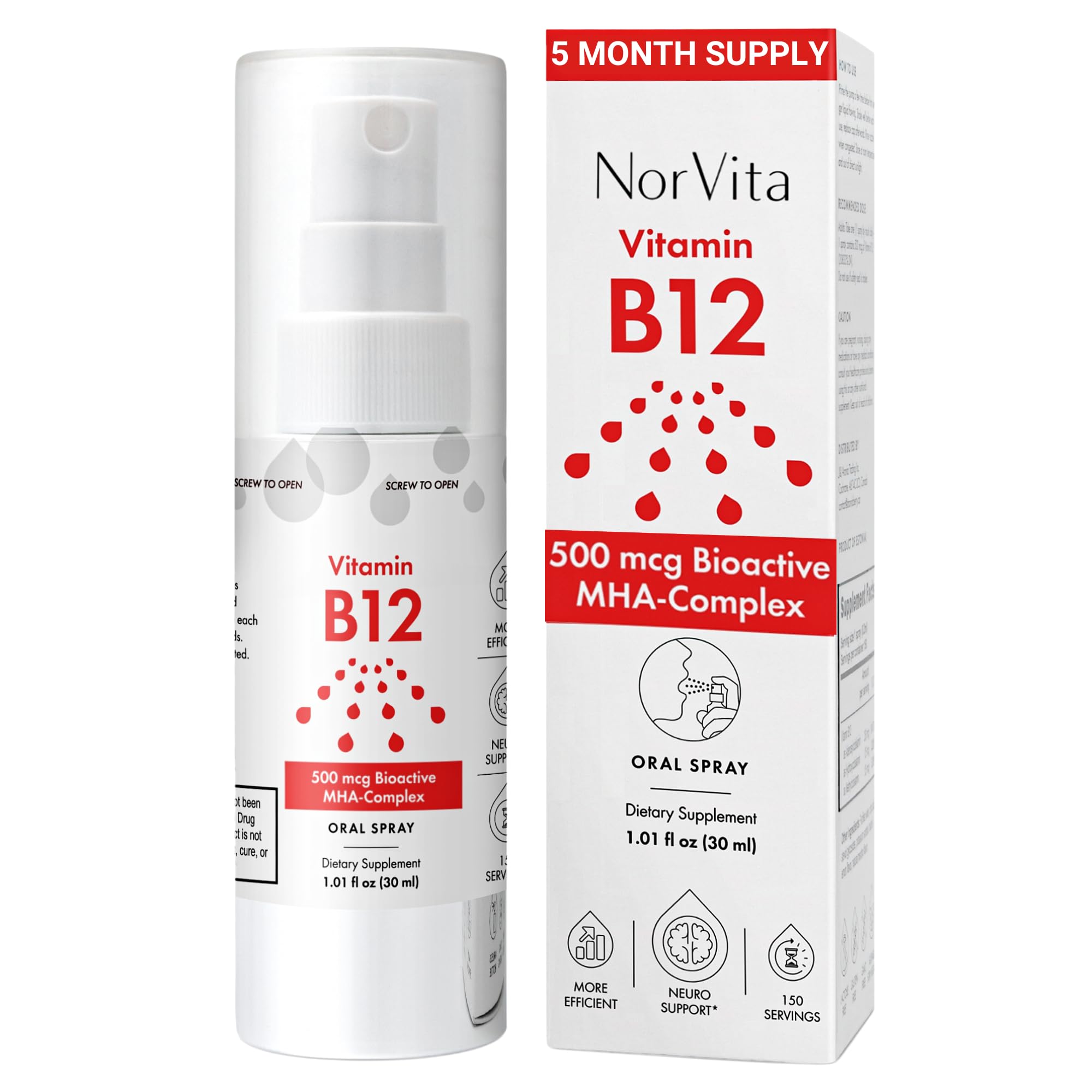 Vitamin B12 Spray 500 mcg (150 Servings) - Quick Absorption MHA Complex (Methylcobalamin, Hydroxycobalamin, Adenosylcobalamin) - Vegan, Non-GMO, Liquid B12 Supplement