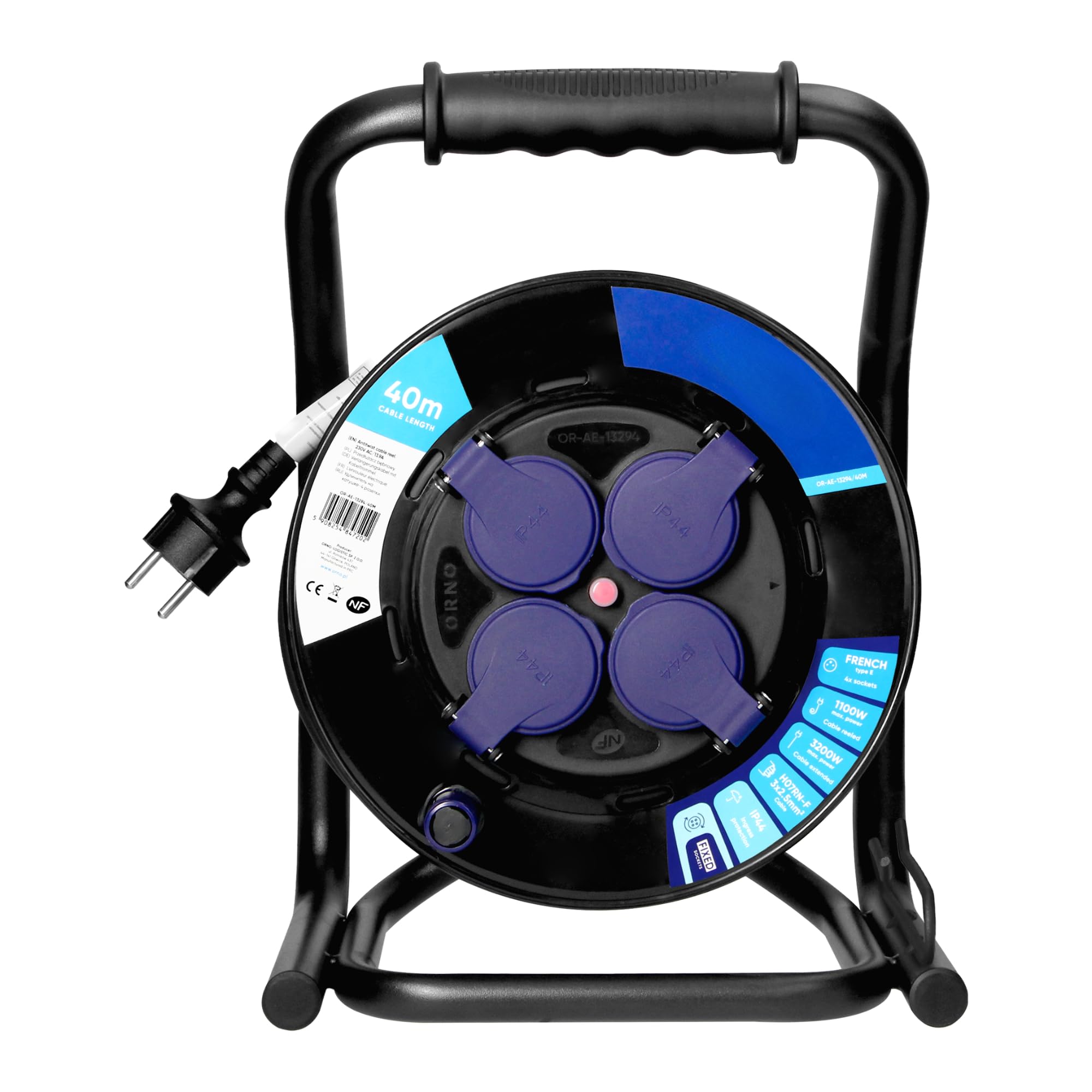 Przedłużacz Bębnowy 40m - 4 Gniazda ze Stykiem Ochronnym - Bolec (typ E) Olejoodporny Kabel H07RN-F 3 x 2,5 mm² Wyłącznik Termiczny System Anti-Twist Stojak Cube Ogród Warsztat Garaż IP44