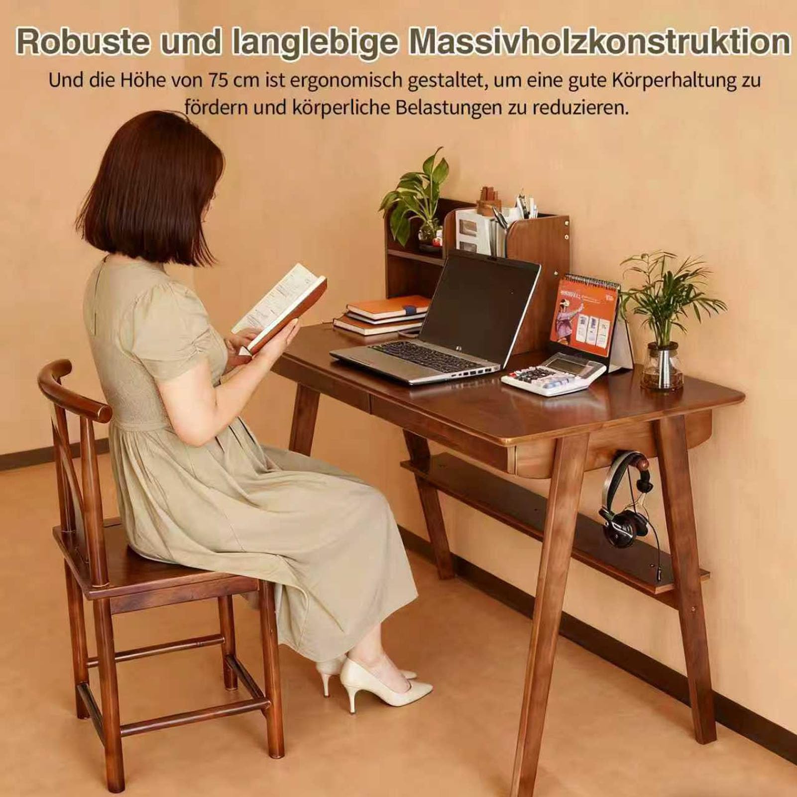 Eiche Schreibtisch mit Schublade 100x60cm Walnuss | Eiche Massivholz Schreibtisch, 2 Schubladen + Hakenleiste, 100x60cm