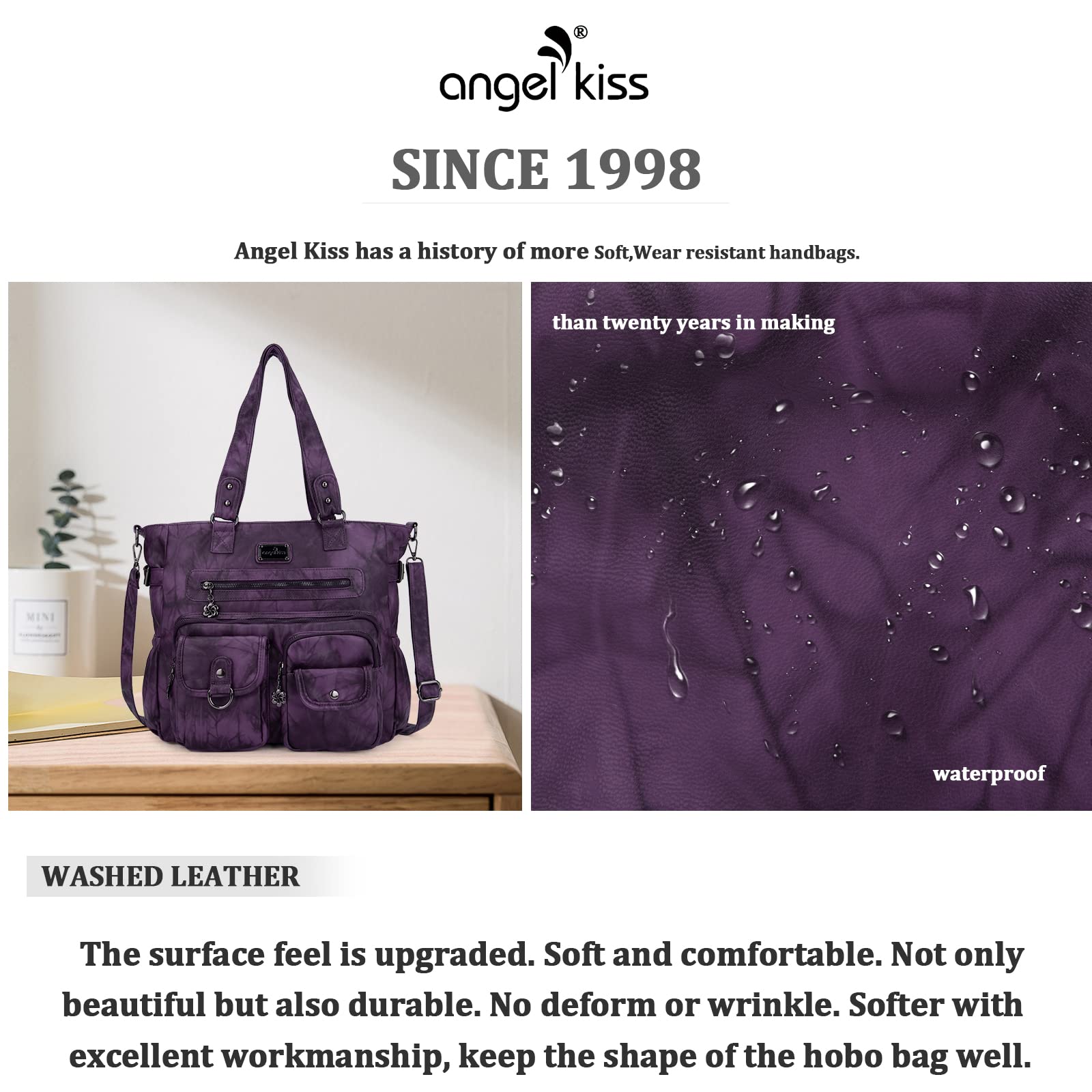 Angelkiss - Bolsos y bolsos de mano para mujer, de piel suave, bolso de hombro para mujer, Morado oscuro5, XX