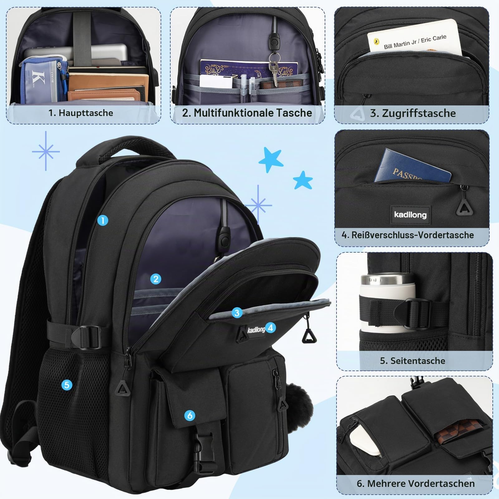 kadilong Schultasche Frauen Schulranzen Schulrucksack Mädchen Teenager Rucksack Laptop Damen Lehrertasche mit USB Ladeanschluss und Laptopfach für Uni Arbeit Business Reisen Studenten