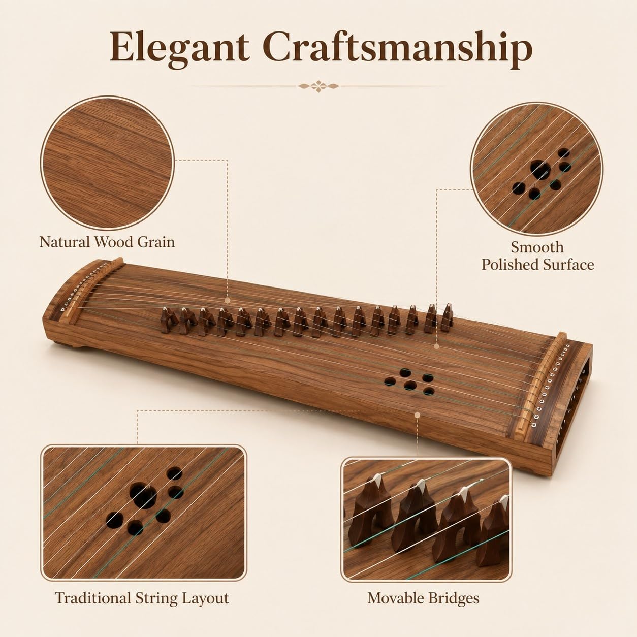 Początkujący Mini Guzheng 14-strunowy Paulownia Rosewood | Wyposażony w 14 nylonowych stalowych strun, dzięki czemu jest idealny dla początkujących.