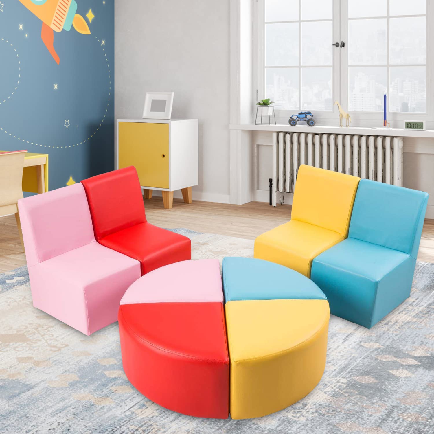 KINTNESS Kids 8pcs Colorful Sofa-Leather Couch Set Modular Flexible Seating Set Children's Area Sofa for Classroom Kindergarten Library
