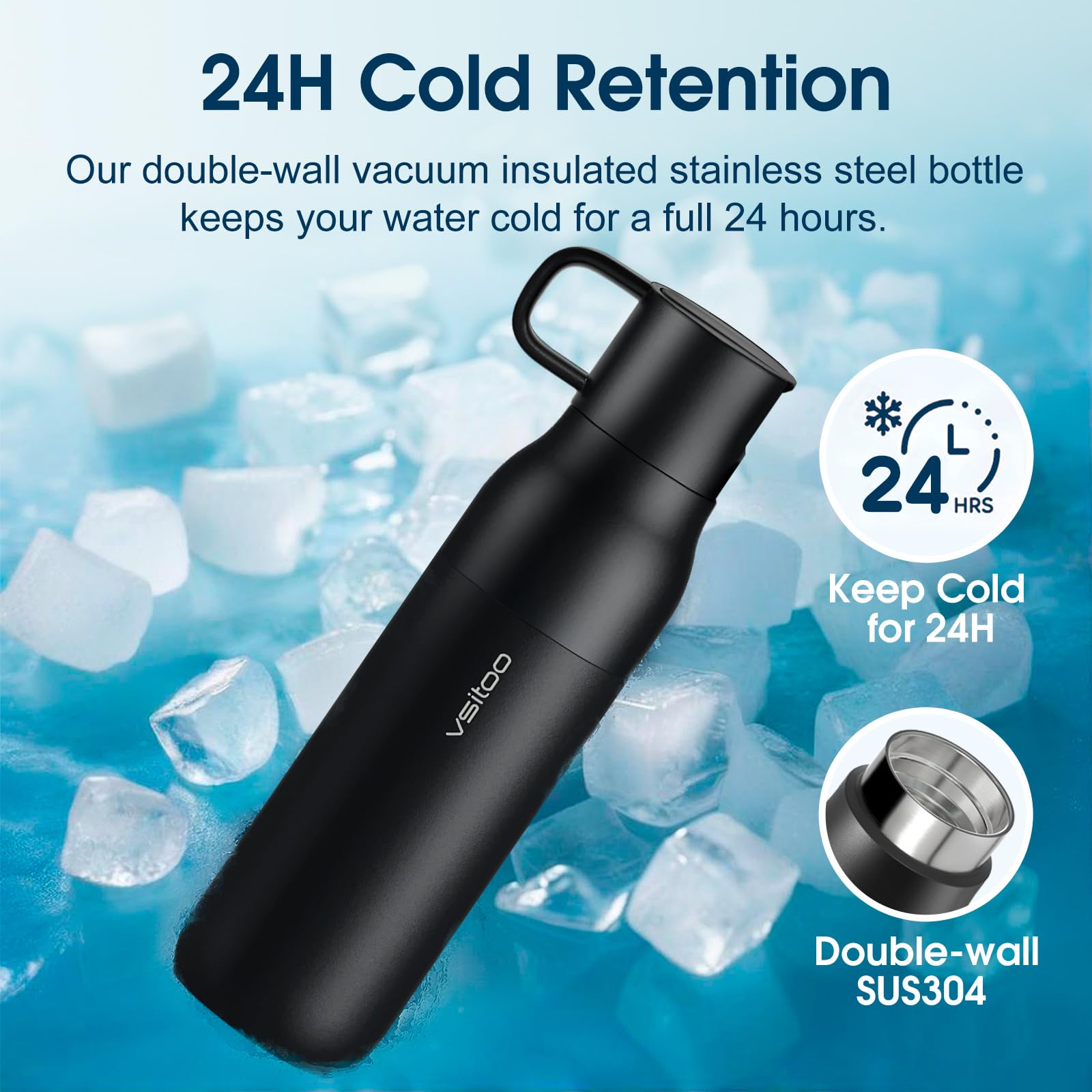 vsitoo CarbonFiber Filterwasserflasche, 750 ml, isolierte Edelstahl-Wasserflaschen mit Filter, BPA-freie Filterwasserflasche, ersetzt 300 Kunststoff-Wasserflaschen, inklusive 1 Filter, Schwarz