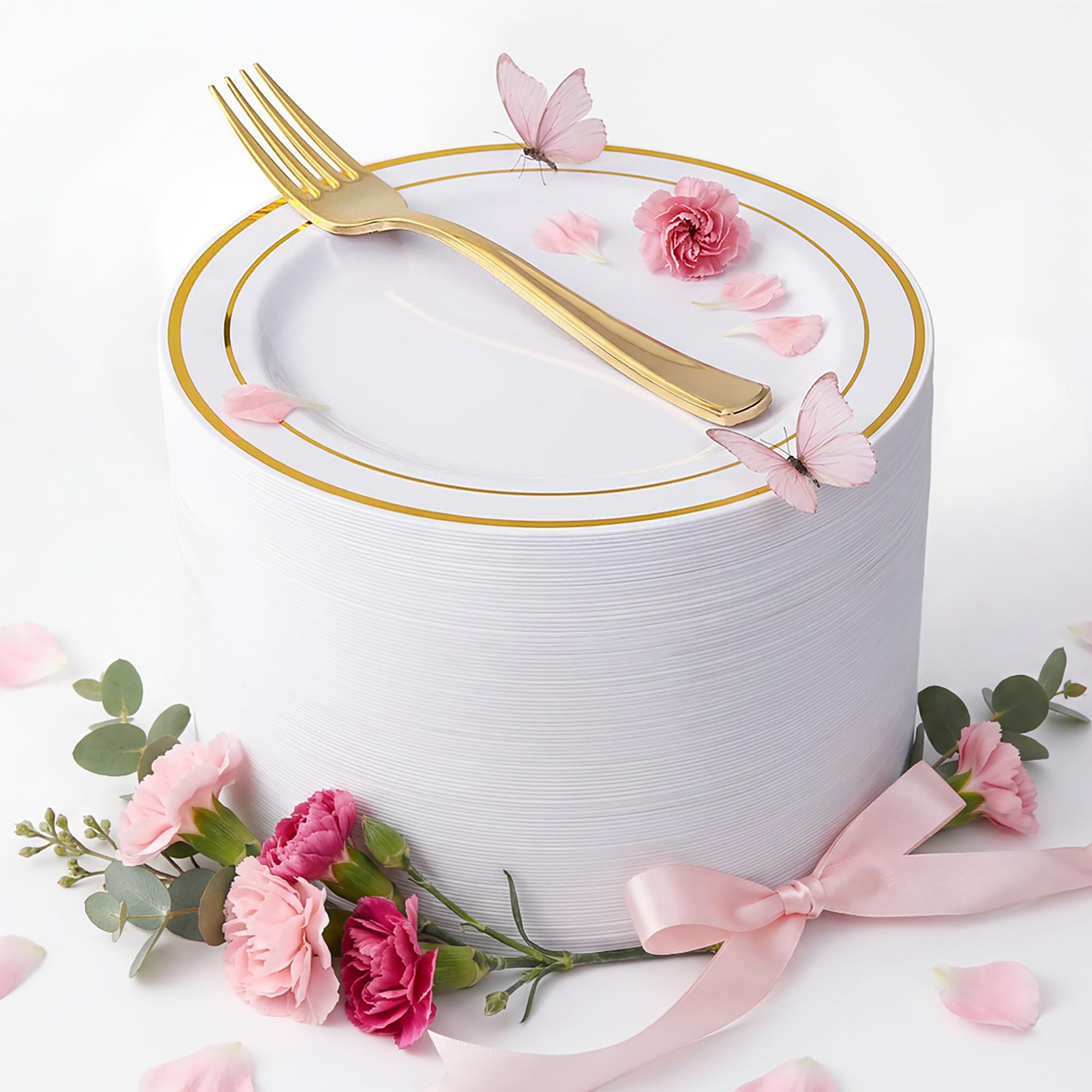 Nervure 204PCS Gold Dessert Plates with Forks - 102PCS 7.5inch Disposable Gold Plastic Plates and 102PCS Plastic Forks Perfect for Salads, Desserts,